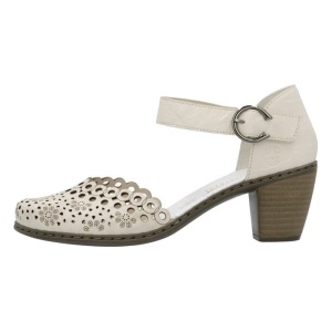 Pantofi dama, bej, casual, piele naturala, perforati, cu toc, Rieker 40902-60-Bej