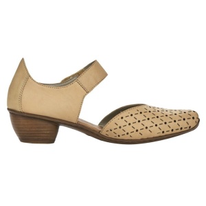 Pantofi dama bej casual piele naturala perforati cu toc Rieker 43760-60-Bej