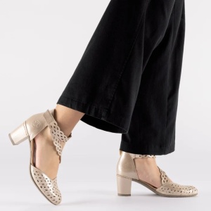 Pantofi dama bej eleganti piele ecologica stralucitori perforati cu toc Rieker 41055-62-Bej