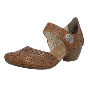 Pantofi dama maro casual piele naturala perforati cu toc Rieker 43753-22-Maro