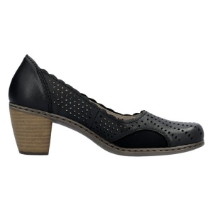 Pantofi dama negru casual piele naturala perforati cu toc Rieker 40952-00-Negru