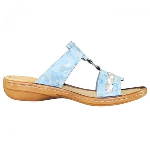 Papuci dama albastru deschis comozi din piele ecologica cu talpa joasa antistres Rieker 60888-12-Albastru-Deschis