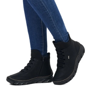 Ghete dama negru casual piele ecologica imblanite cu talpa joasa Rieker 55069-00-Negru