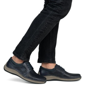 Pantofi barbati albastru casual piele naturala perforati cu talpa joasa Rieker 05213-14-Albastru