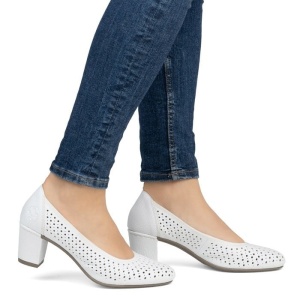 Pantofi dama alb casual piele ecologica perforati cu toc Rieker 41057-80-Alb