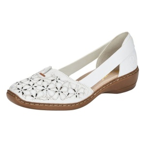 Pantofi dama alb casual piele naturala perforati cu talpa joasa Rieker 41356-80-Alb
