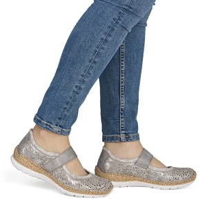 Pantofi dama argintiu casual piele ecologica cu talpa joasa Rieker N4299-90-Argintiu