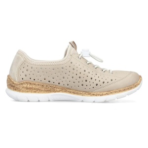Pantofi dama bej casual piele ecologica perforati cu talpa joasa Rieker N42P6-62-Bej