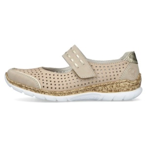 Pantofi dama, bej, casual, piele naturala, perforati, cu talpa joasa, Rieker N4257-60-Bej