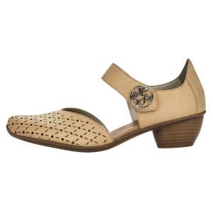Pantofi dama, bej, casual, piele naturala, perforati, cu toc, Rieker 43760-60-Bej