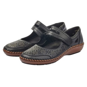 Pantofi dama negru casual piele naturala perforati cu talpa joasa Rieker 44875-00-Negru