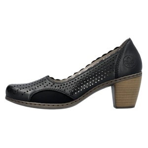 Pantofi dama, negru, casual, piele naturala, perforati, cu toc, Rieker 40952-00-Negru