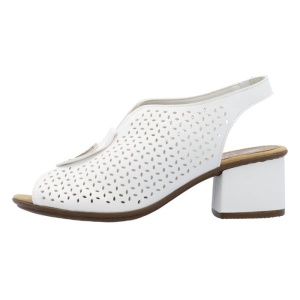 Sandale dama, alb, casual, din piele ecologica perforata, cu toc, Rieker 64656-80-Alb
