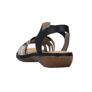Sandale dama negru casual piele ecologica cu imprimeu sarpe cu talpa joasa Rieker 65918-92-Negru