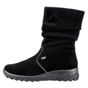 Cizme dama, negru, casual, piele intoarsa, impermeabile, imblanite, scurte, cu talpa joasa, Rieker Z7171-01-Negru