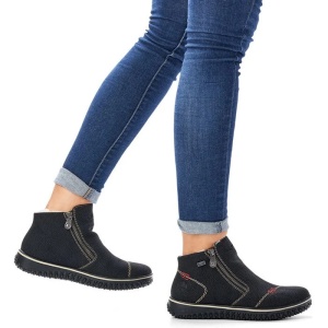 Ghete dama negru casual piele ecologica impermeabile imblanite cu talpa joasa Rieker L4270-00-Negru