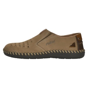 Pantofi barbati, bej, casual, piele naturala, perforati, cu talpa joasa, Rieker B2457-64-Bej