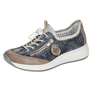 Pantofi dama albastru casual piele ecologica perforati cu talpa joasa Rieker N5596-14-Albastru