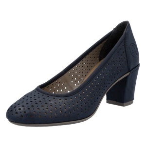 Pantofi dama albastru casual piele ecologica perforati cu toc Rieker 41057-14-Albastru