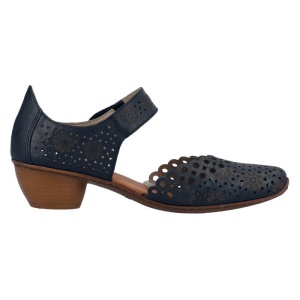 Pantofi dama albastru inchis casual piele naturala perforati cu toc Rieker 43753-14-Albastru-Inchis