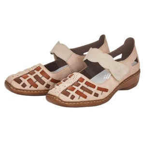 Pantofi dama bej casual piele naturala perforati cu talpa joasa Rieker 41369-61-Bej