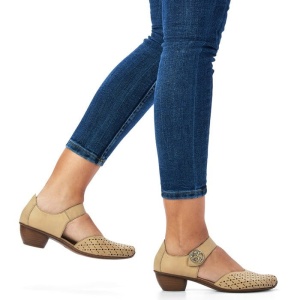 Pantofi dama bej casual piele naturala perforati cu toc Rieker 43760-60-Bej
