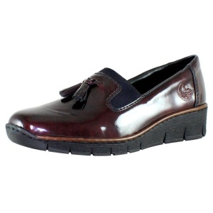 Pantofi dama bordo casual piele lacuita si piele ecologica cu ciucuri cu talpa joasa Rieker 53751-35-Bordo