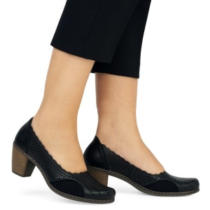 Pantofi dama negru casual piele naturala perforati cu toc Rieker 40952-00-Negru