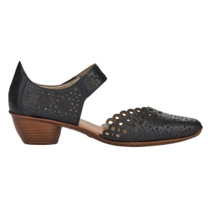 Pantofi dama negru casual piele naturala perforati cu toc Rieker 43753-00-Negru