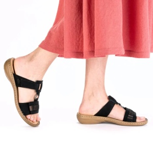 Papuci dama negru casual piele ecologica cu talpa joasa Rieker 60881-00-Negru