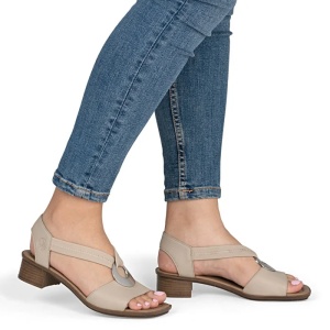 Sandale dama bej casual piele naturala cu toc Rieker 62662-62-Bej