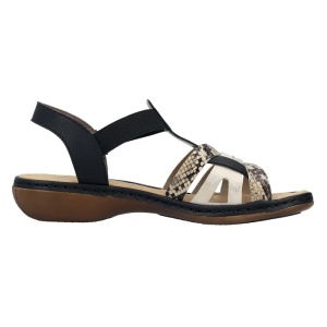 Sandale dama negru casual piele ecologica cu imprimeu sarpe cu talpa joasa Rieker 65918-92-Negru