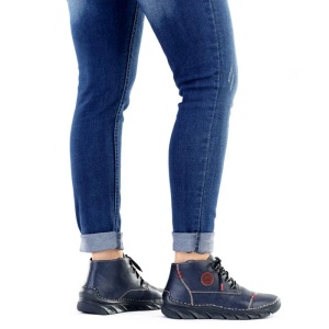 Ghete dama albastru inchis casual piele ecologica imblanite cu talpa joasa Rieker 55002-14-Albastru-Inchis