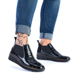 Ghete dama negru casual piele naturala lacuita cu talpa joasa Rieker 53794-01-Negru