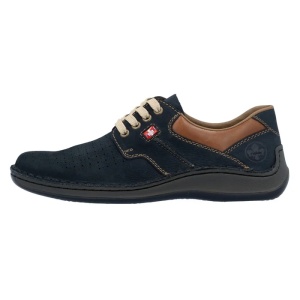 Pantofi barbati, albastru inchis, casual, piele naturala, perforati, cu talpa joasa, Rieker 05207-15-Albastru-Inchis