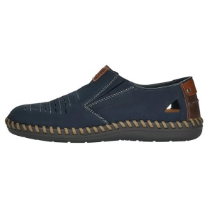 Pantofi barbati, albastru inchis, casual, piele naturala, perforati, cu talpa joasa, Rieker B2457-14-Albastru-Inchis