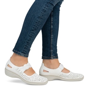 Pantofi dama alb casual piele naturala perforati cu talpa joasa Rieker 41399-80-Alb