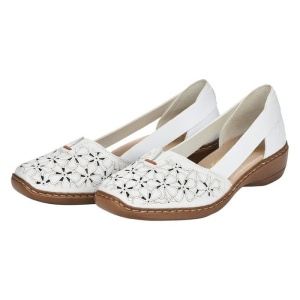 Pantofi dama alb casual piele naturala perforati cu talpa joasa Rieker 41356-80-Alb