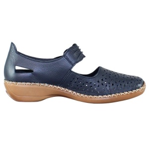 Pantofi dama albastru inchis casual piele naturala perforati cu talpa joasa Rieker 41399-14-Albastru-Inchis