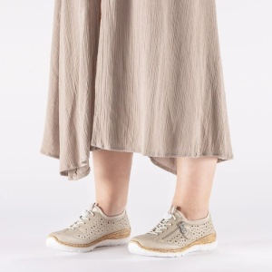 Pantofi dama bej casual piele ecologica perforati cu talpa joasa Rieker N42P6-62-Bej