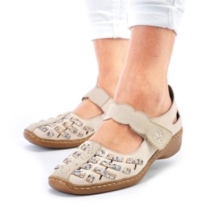 Pantofi dama bej casual piele naturala perforati cu talpa joasa Rieker 41369-60-Bej