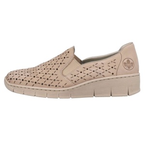 Pantofi dama, bej, casual, piele naturala, perforati, cu talpa joasa, Rieker 53795-60-Bej