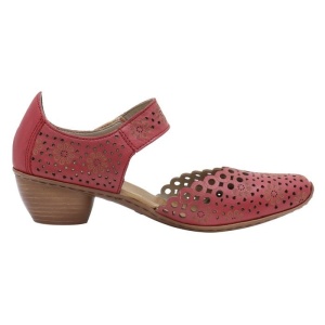 Pantofi dama rosu casual piele naturala perforati cu toc Rieker 43753-33-Rosu