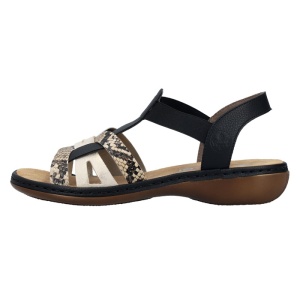 Sandale dama, negru, casual, piele ecologica, cu imprimeu sarpe, cu talpa joasa, Rieker 65918-92-Negru