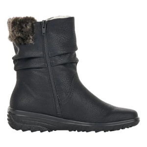 Cizme dama negru casual piele ecologica impermeabile imblanite scurte cu talpa joasa Rieker Z7088-00-Negru