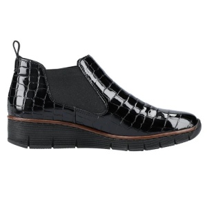 Ghete dama negru casual piele naturala lacuita cu talpa joasa Rieker 53794-01-Negru