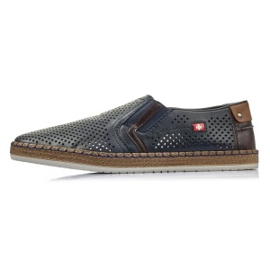 Pantofi barbati, albastru inchis, casual, piele naturala, perforati, cu talpa joasa, Rieker B5297-14-Albastru-Inchis