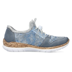 Pantofi dama albastru casual piele ecologica si textil perforati cu talpa joasa Rieker N4255-12-Albastru