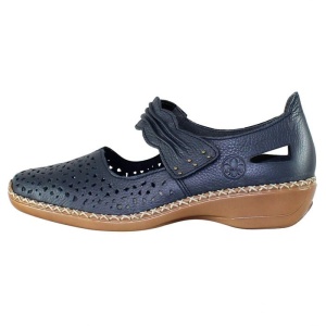 Pantofi dama, albastru inchis, casual, piele naturala, perforati, cu talpa joasa, Rieker 41399-14-Albastru-Inchis