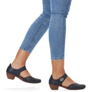 Pantofi dama albastru inchis casual piele naturala perforati cu toc Rieker 43753-14-Albastru-Inchis